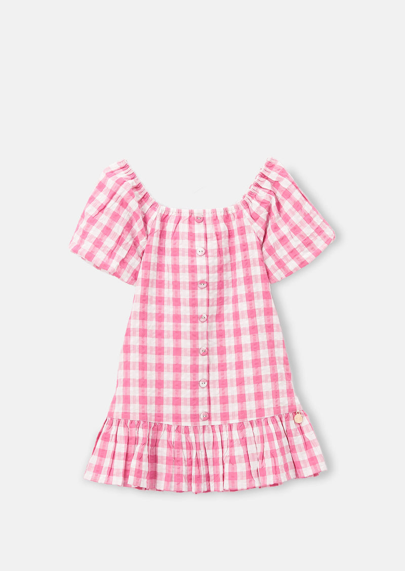 Girls Pink and White Checked Dress with Puff Sleeves