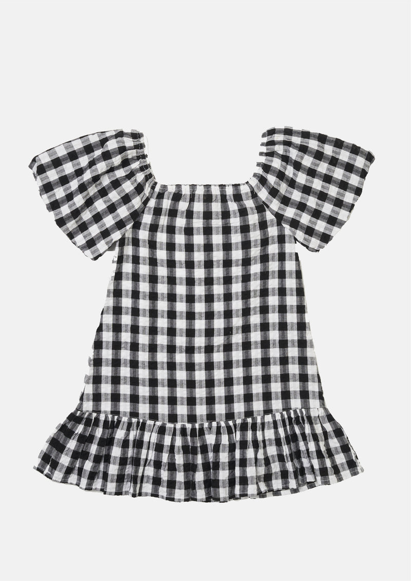Girls Black and White Checked Mini Dress with Puff Sleeves