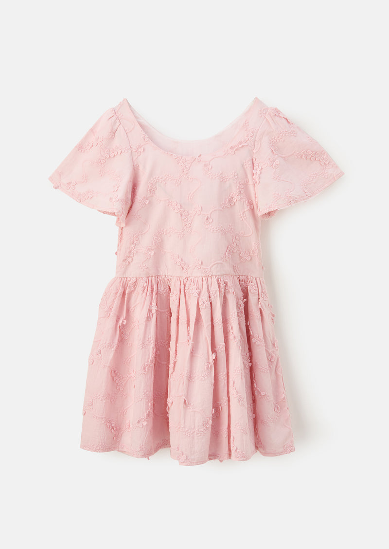 Girls Floral Embroidered Cotton Pink Dress
