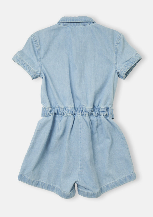 Girls Solid Blue Denim Playsuit with Pockets
