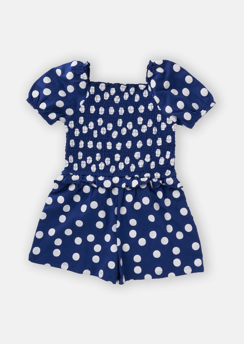 Girls Blue Spot Printed Playsuit with Puff Sleeves