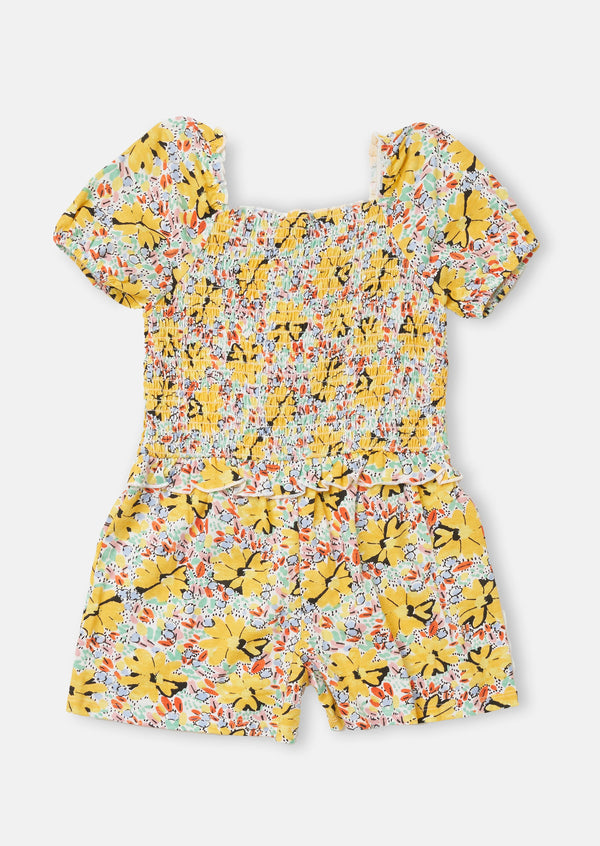 Girls Printed Yellow Shirred Playsuit with Puff Sleeves