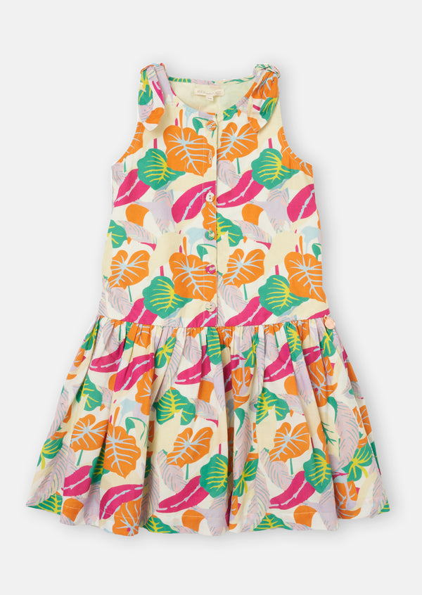 Girls Tropical Leaf Printed Cotton Dress