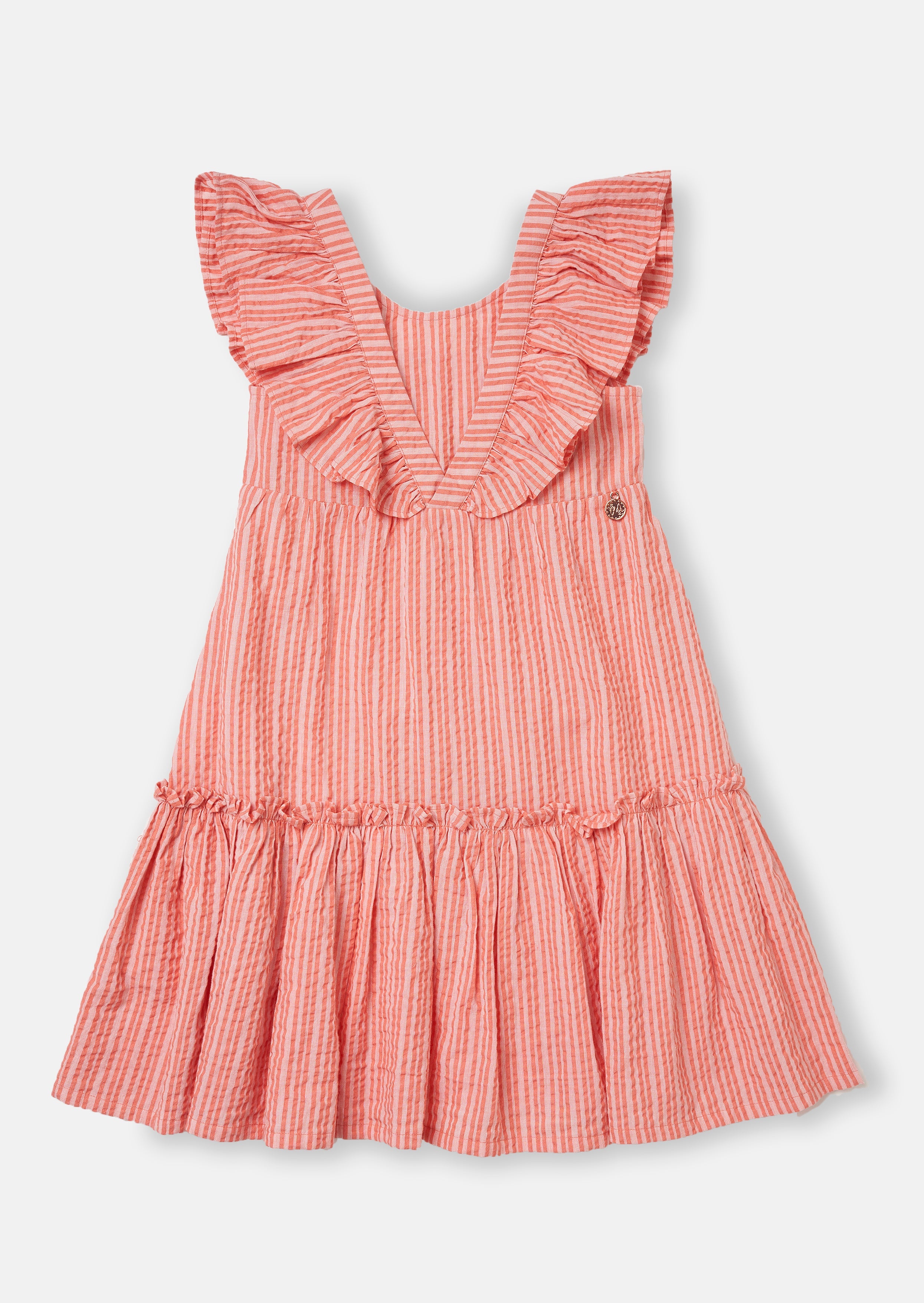 Girls Striped Cotton Coral Pink Ruffle Dresses