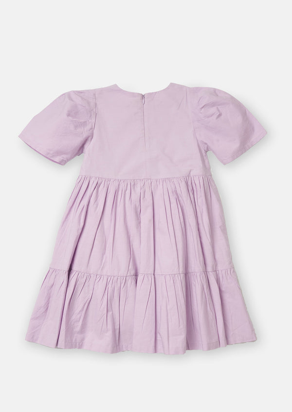 Girls Floral Embroidered Cotton Violet Dress with Puff Sleeves