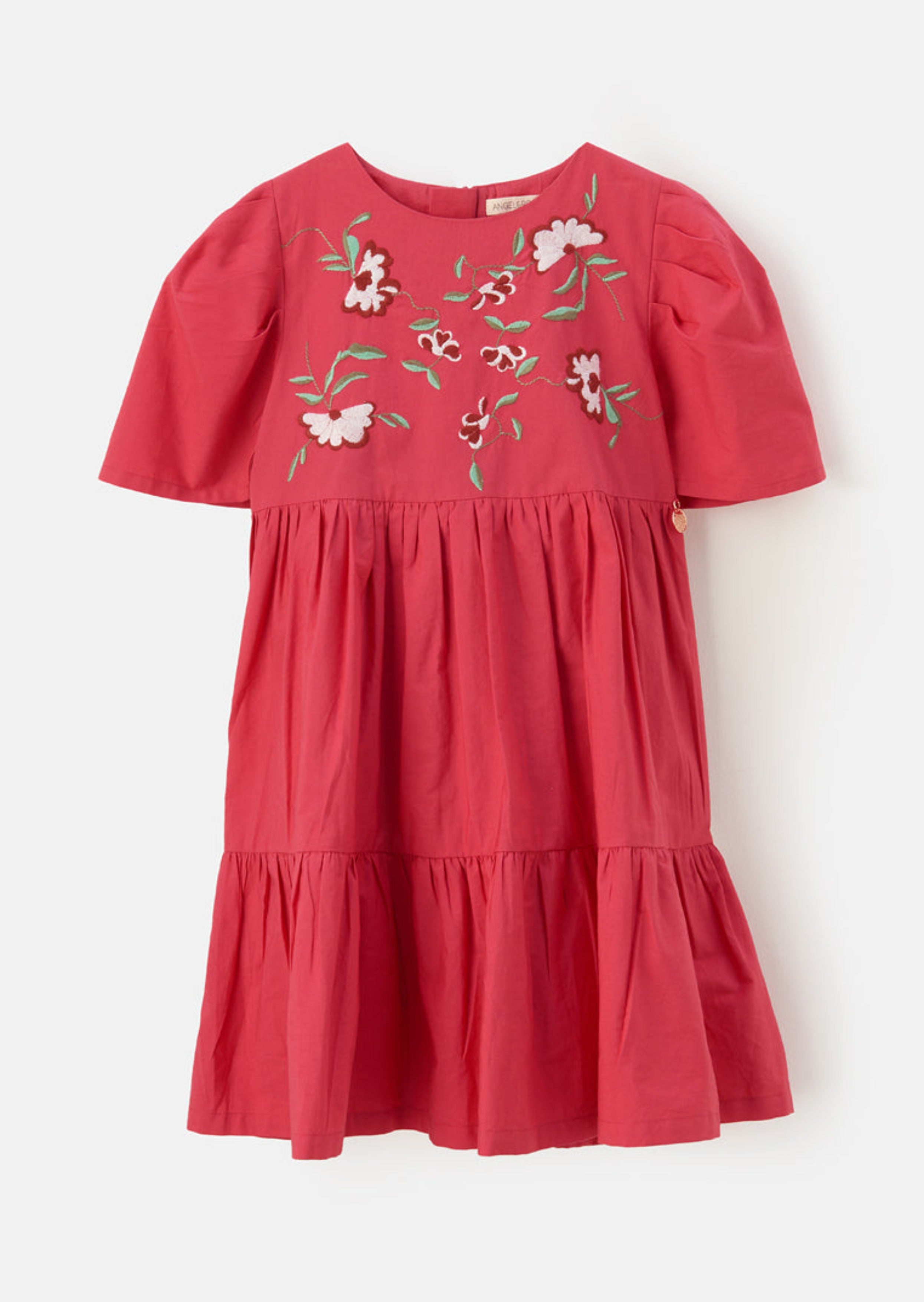 Girls Floral Embroidered Cotton Pink Dress with Puff Sleeves