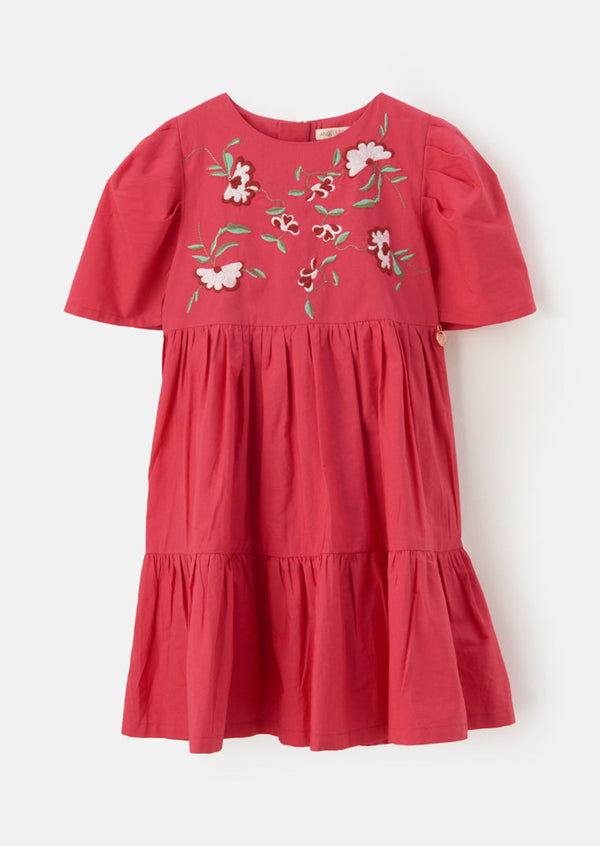 Girls Floral Embroidered Cotton Pink Dress with Puff Sleeves