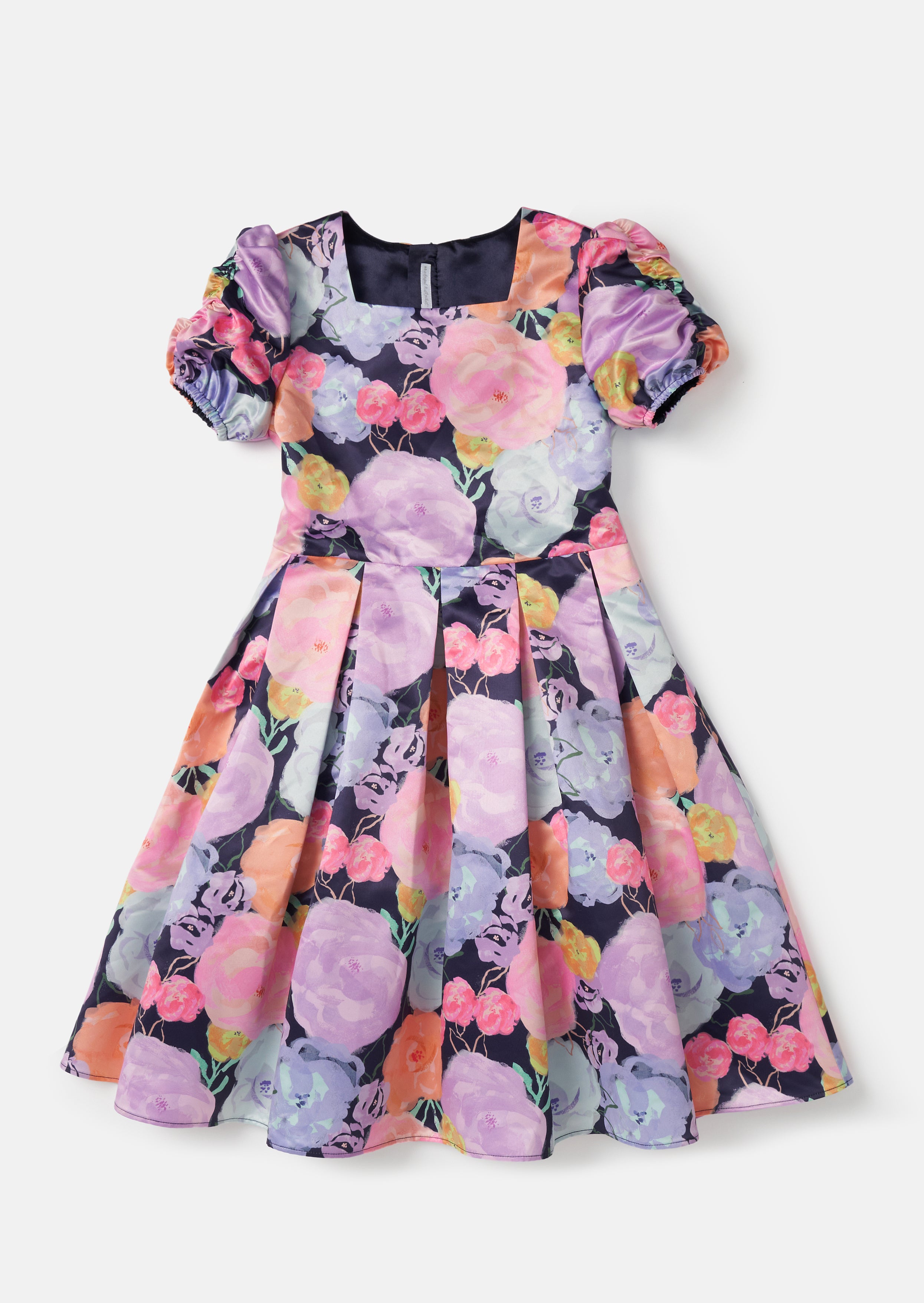 Girls Floral Printed Woven Dress with Puff Sleeves
