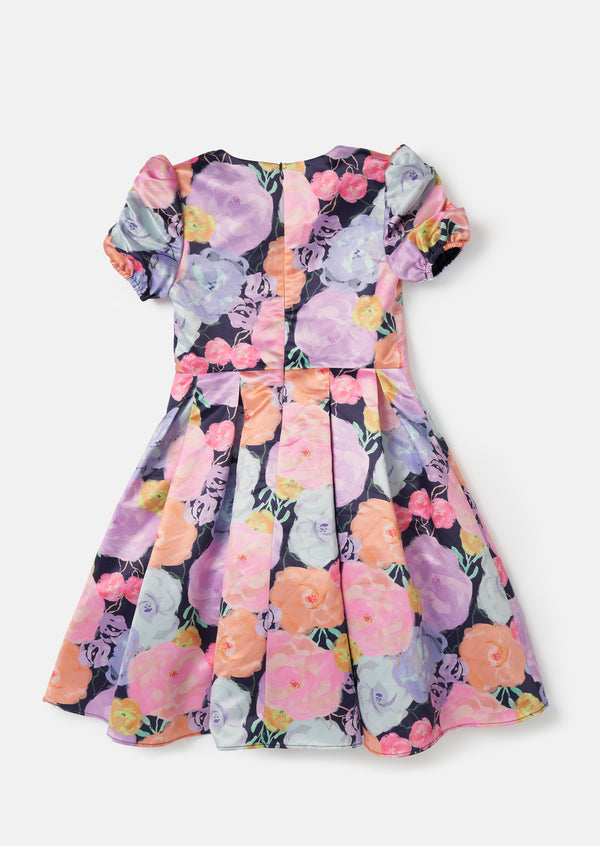 Girls Floral Printed Woven Dress with Puff Sleeve
