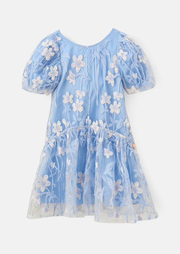 Girls Floral Embroidered Blue Mesh Dress with Puff Sleeves