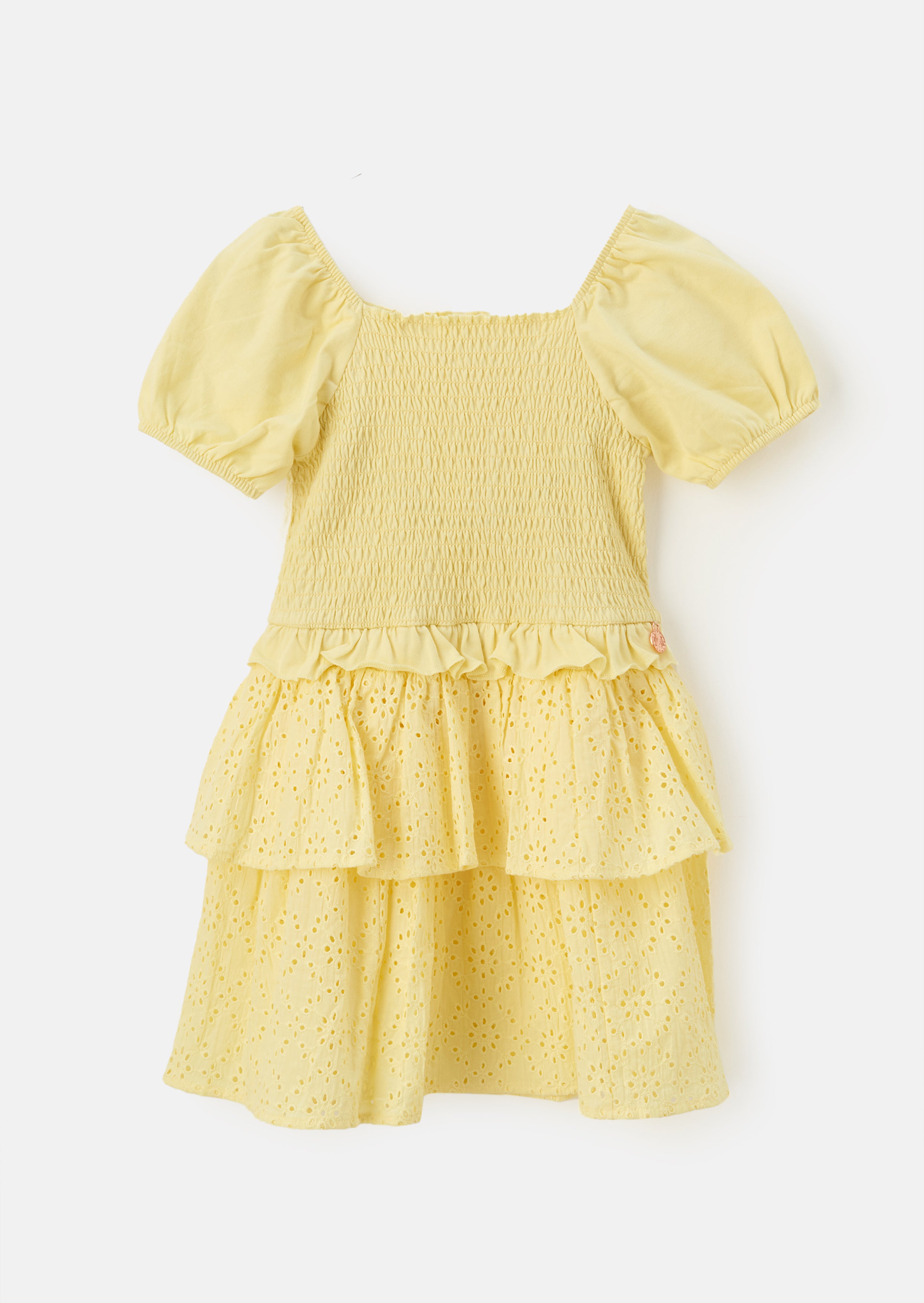 Girls Floral Embroidered Yellow Dress with Puff Sleeves