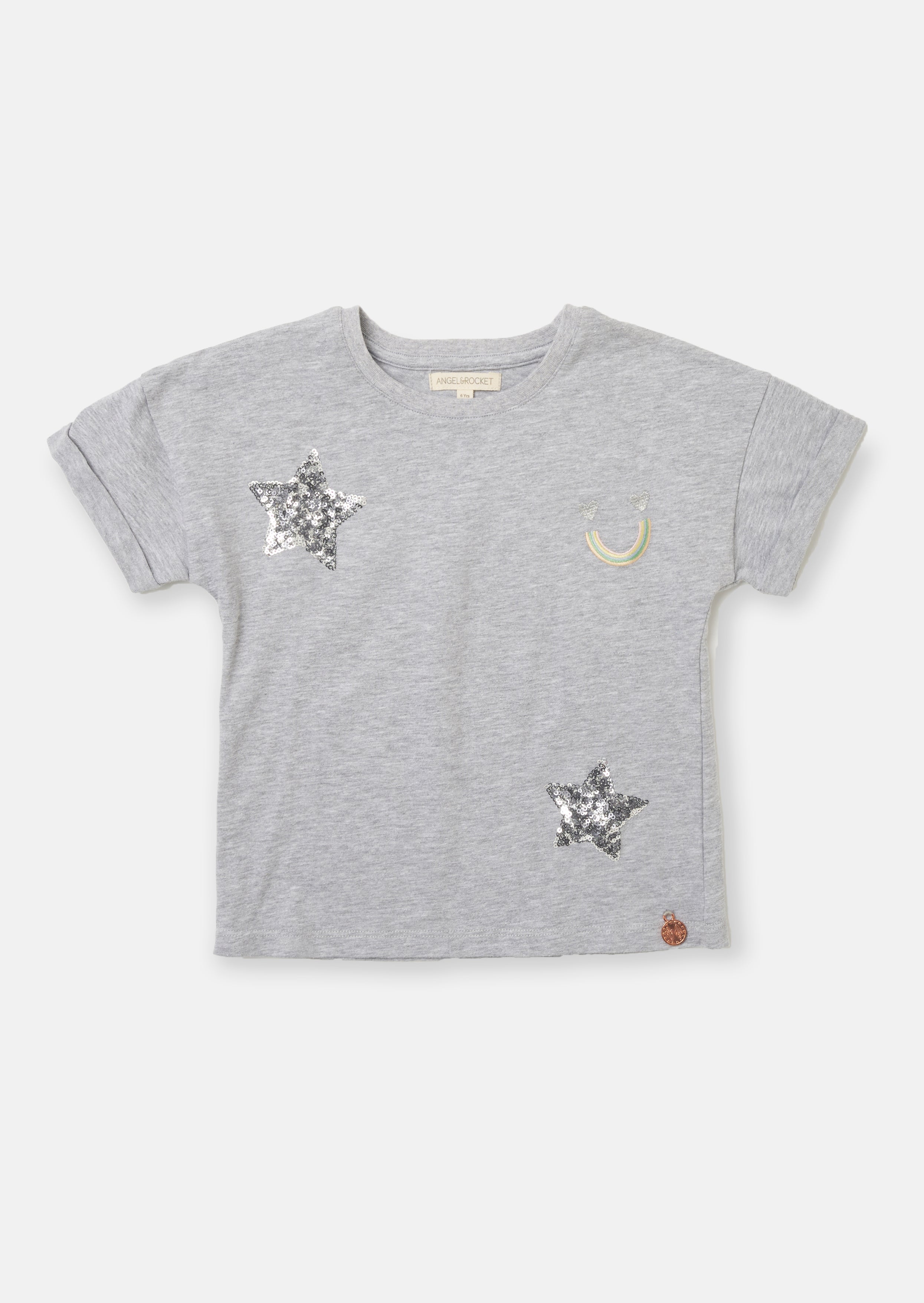 Girls Rainbow and Star Printed Cotton Grey T-Shirt
