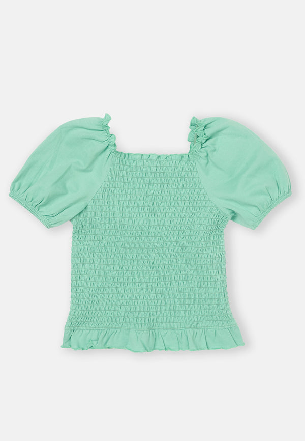 Girls Cotton Shirred Green Top with Puff Sleeves