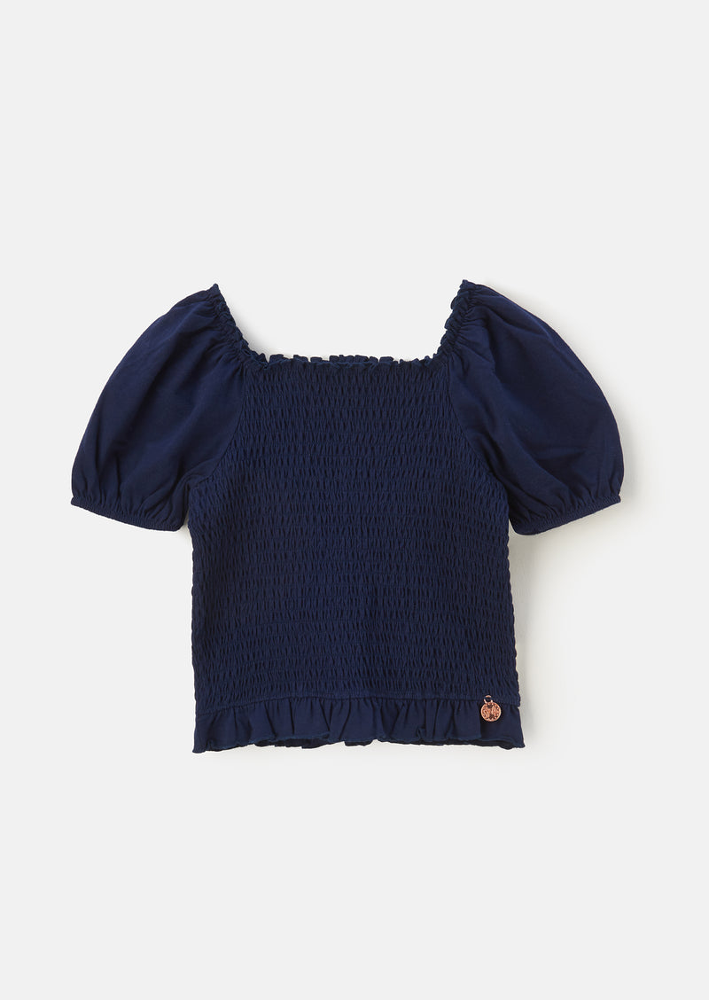 Girls Cotton Shirred Navy Top with Puff Sleeves