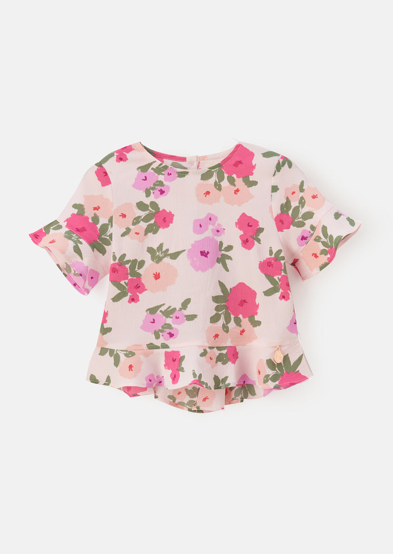 Girls Floral Printed Woven Pink Top