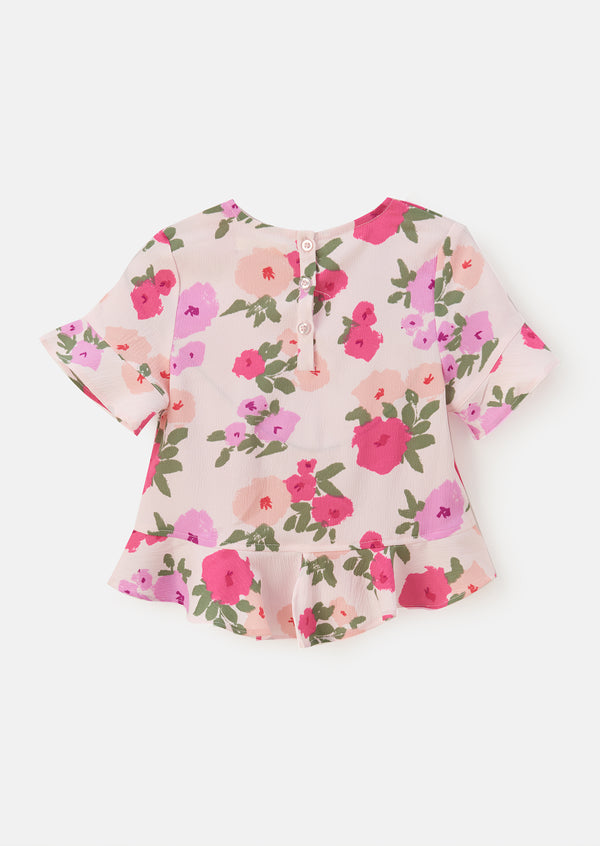 Girls Floral Printed Woven Pink Top