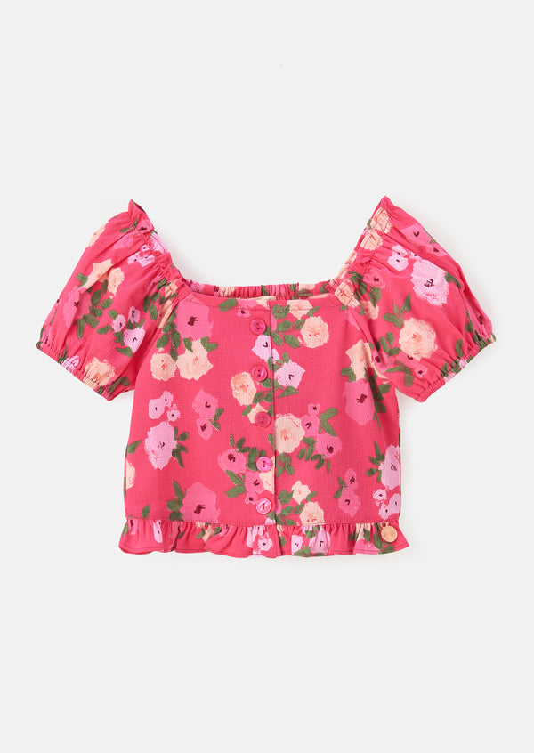 Girls Floral Printed Pink Top with Puff Sleeves