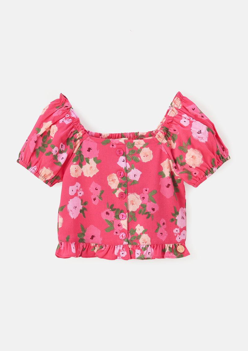 Girls Floral Printed Pink Top with Puff Sleeves