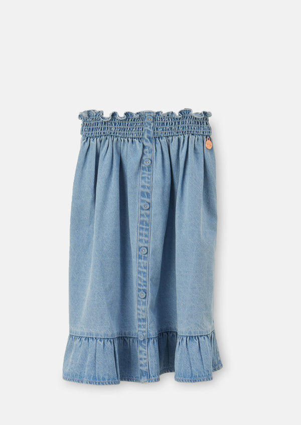 Girls Blue Shirred Waist Denim Skirt