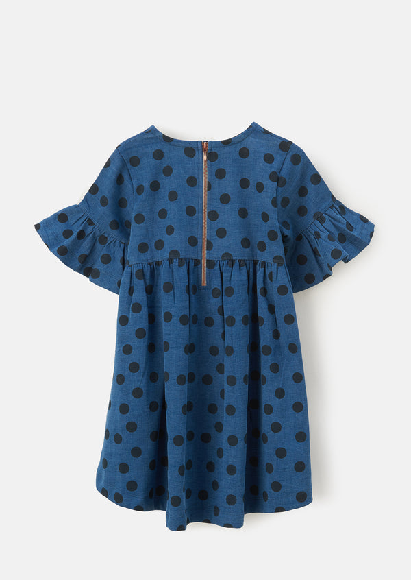 Girls Cotton Blue Swing Dress with Spot Print