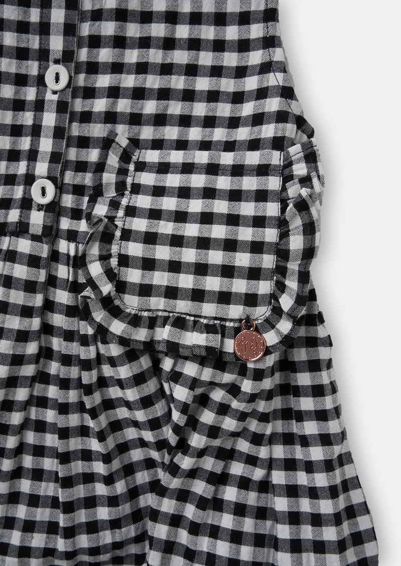 Girls Black and White Checked Dress with Pocket