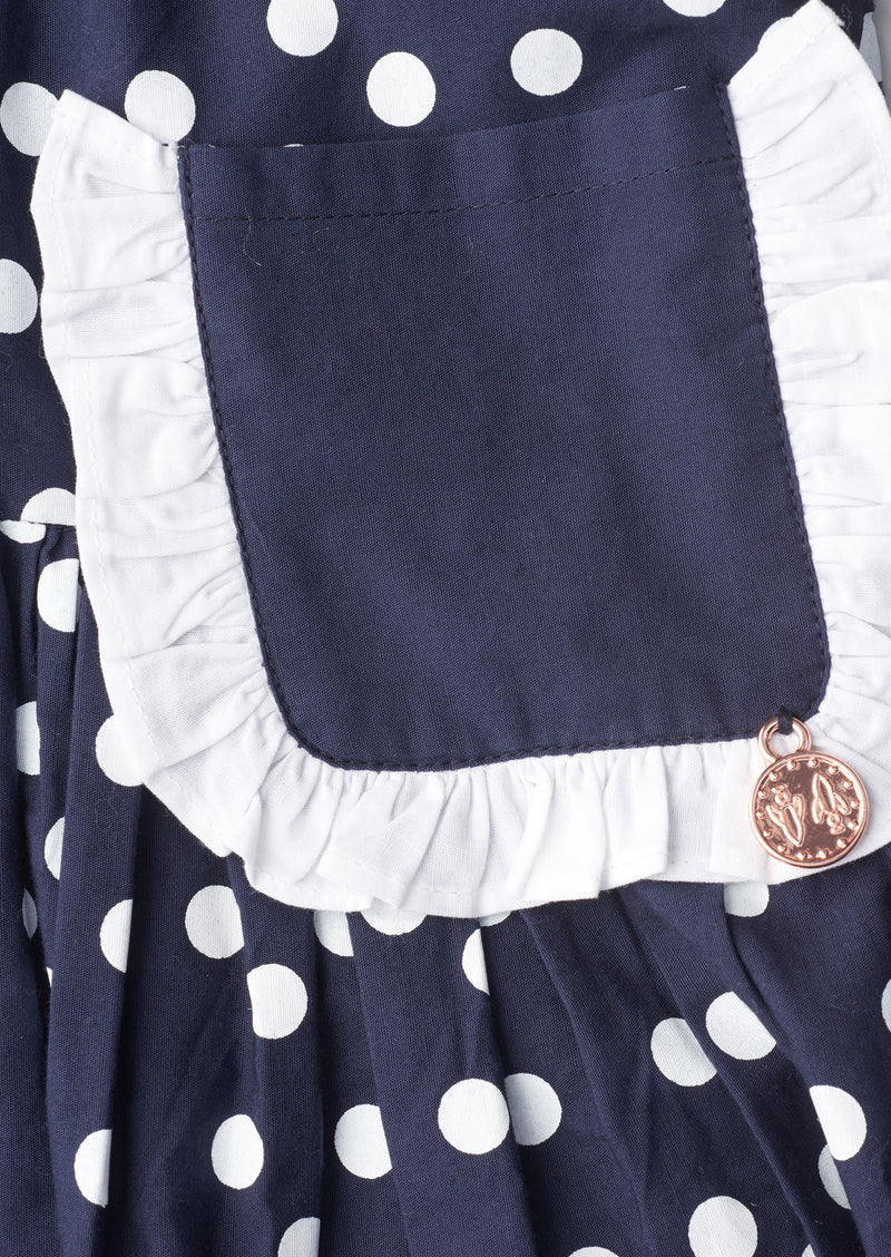 Girls Tiered Spot Print Navy Dress with Pocket