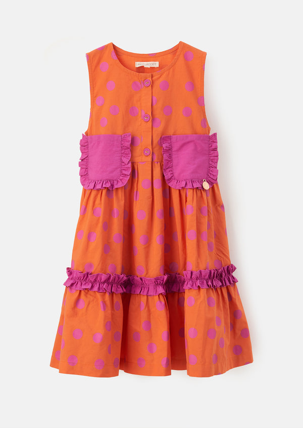 Girls Tiered Spot Print Orange Dress with Pocket