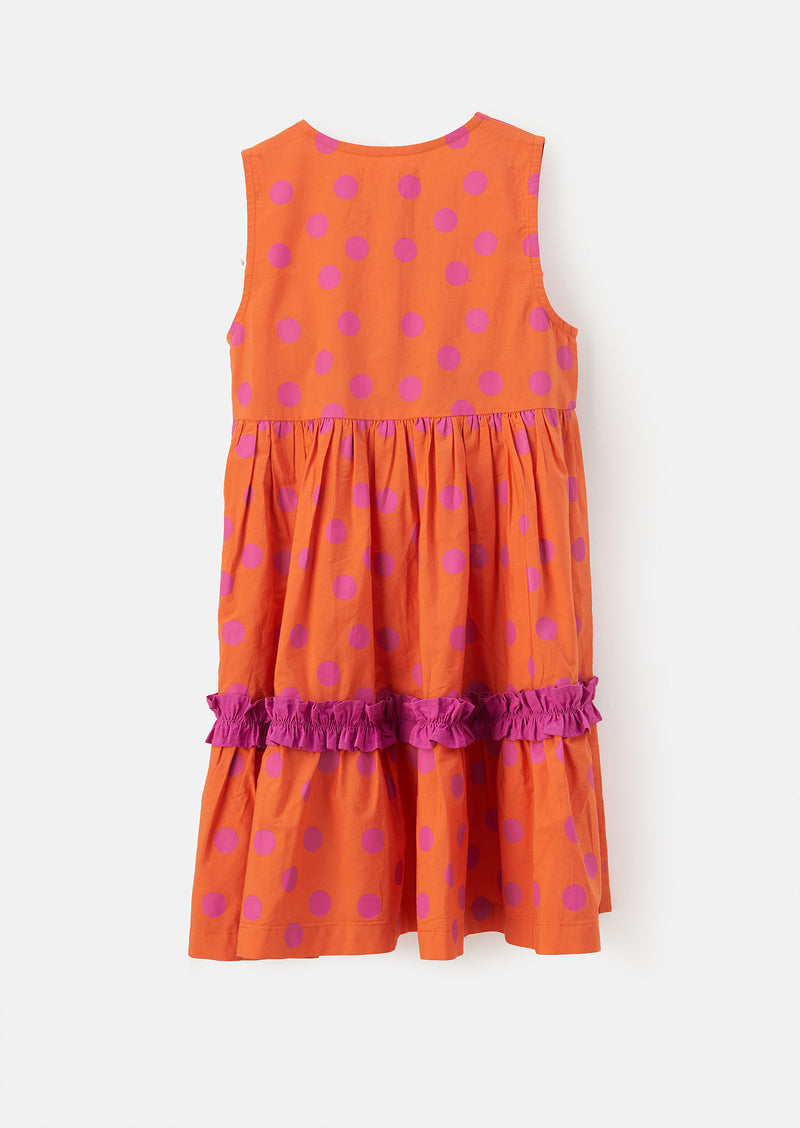 Girls Tiered Spot Print Orange Dress with Pocket
