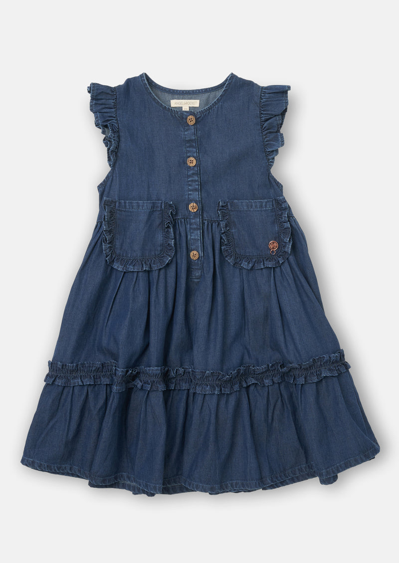 Girls Blue Denim Tiered Dress with Pocket