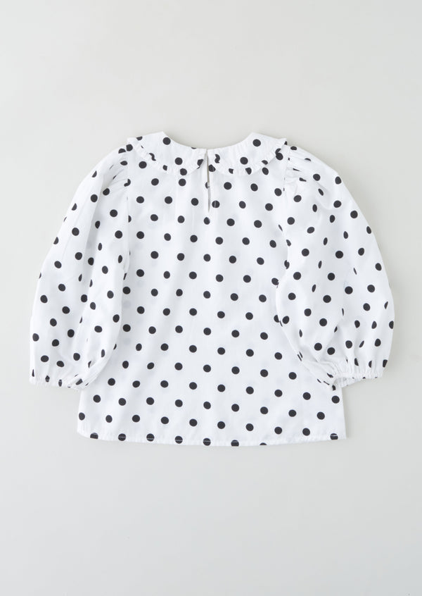 Girls White Spot Printed Cotton Top with Puff Sleeves