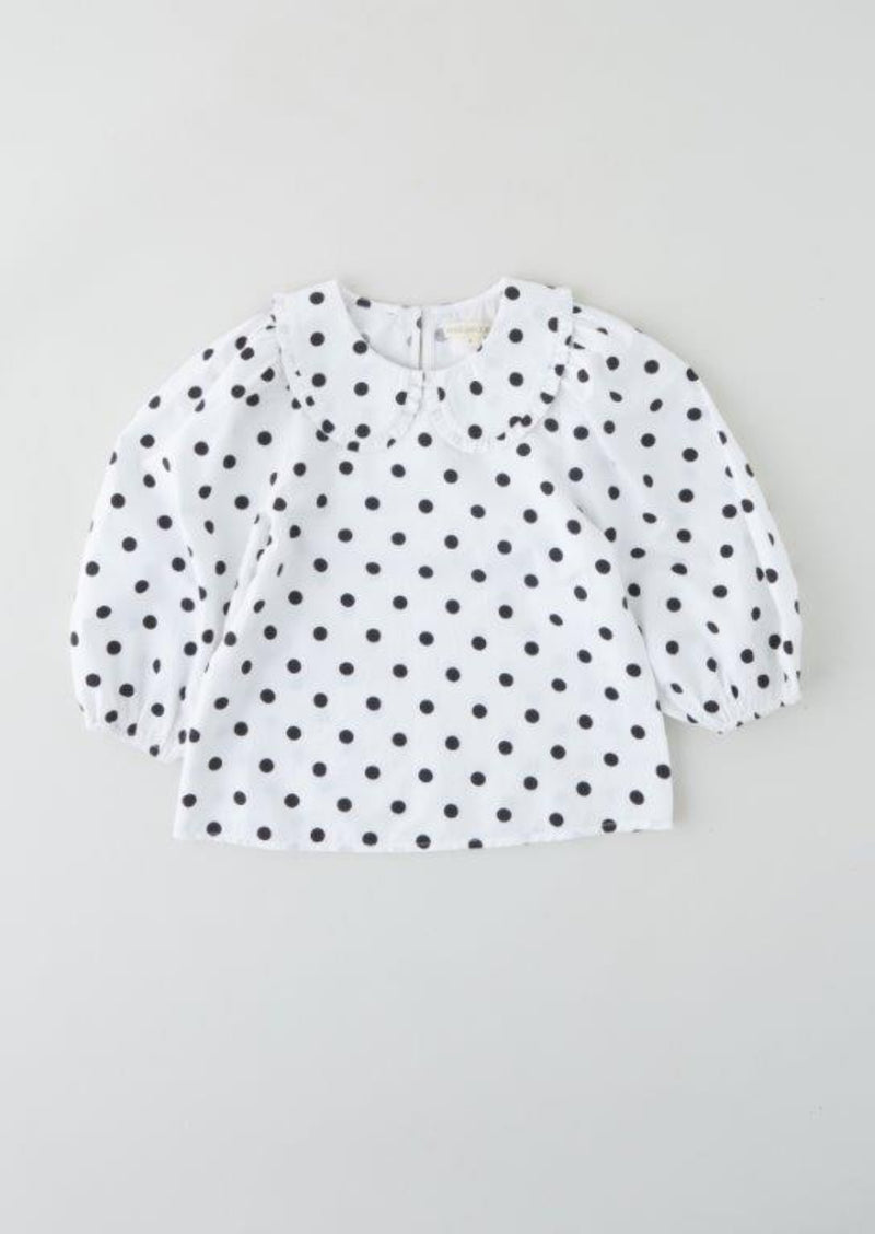 Girls White Spot Printed Cotton Top with Puff Sleeves