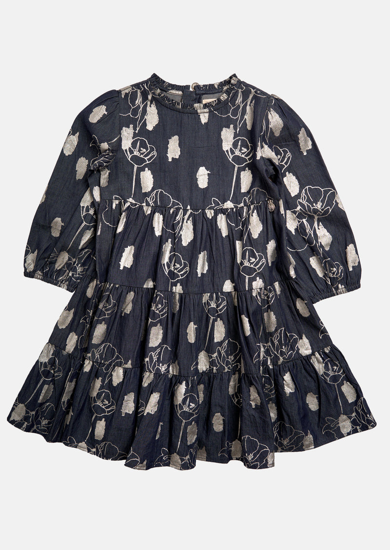 Girls Blue Tiered Dress with Foil Print