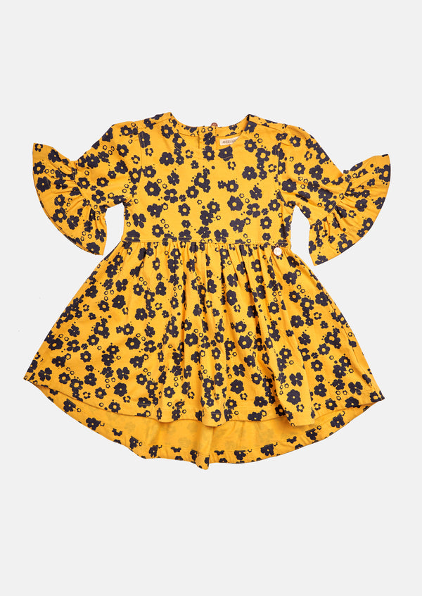 Girls Floral Printed Cotton Yellow Dress