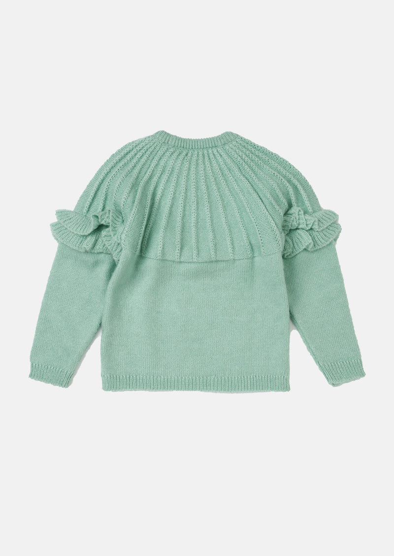 Girls Solid Green Ruffle Sweater