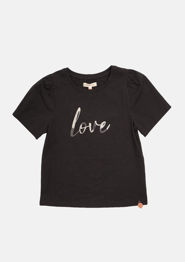 Love Slogan Printed Girls Black T-Shirt with Puff Sleeves