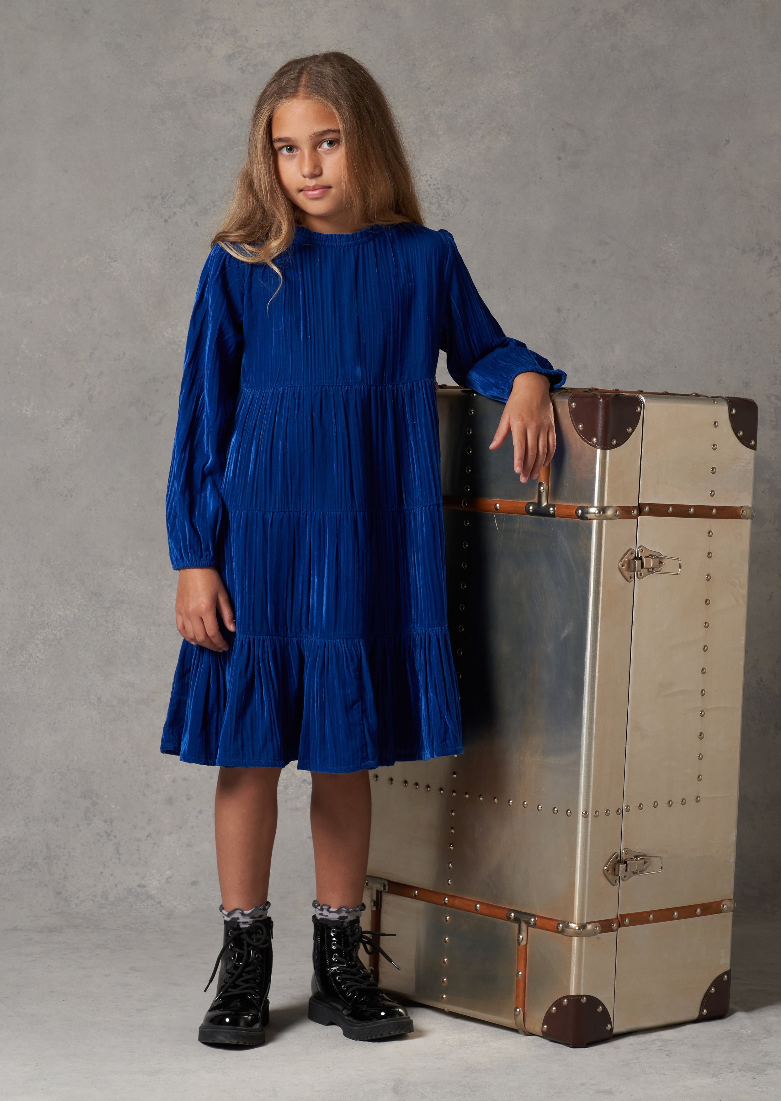 Girls Solid Blue Velvet Tiered Dress