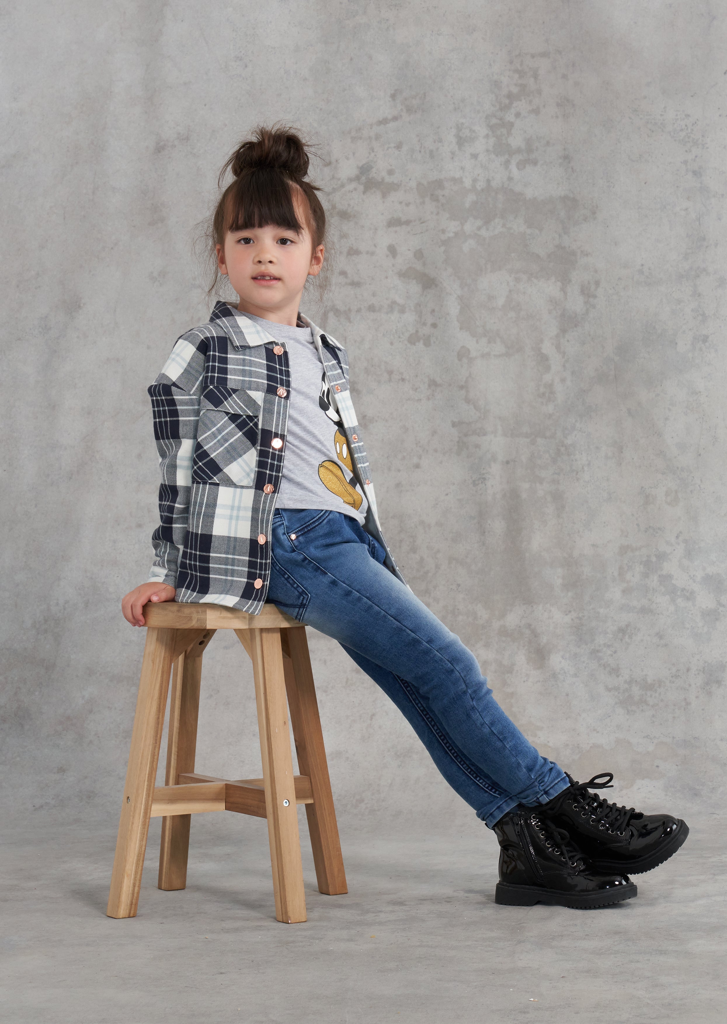 Girls Blue and White Checked Long Sleeves Shacket