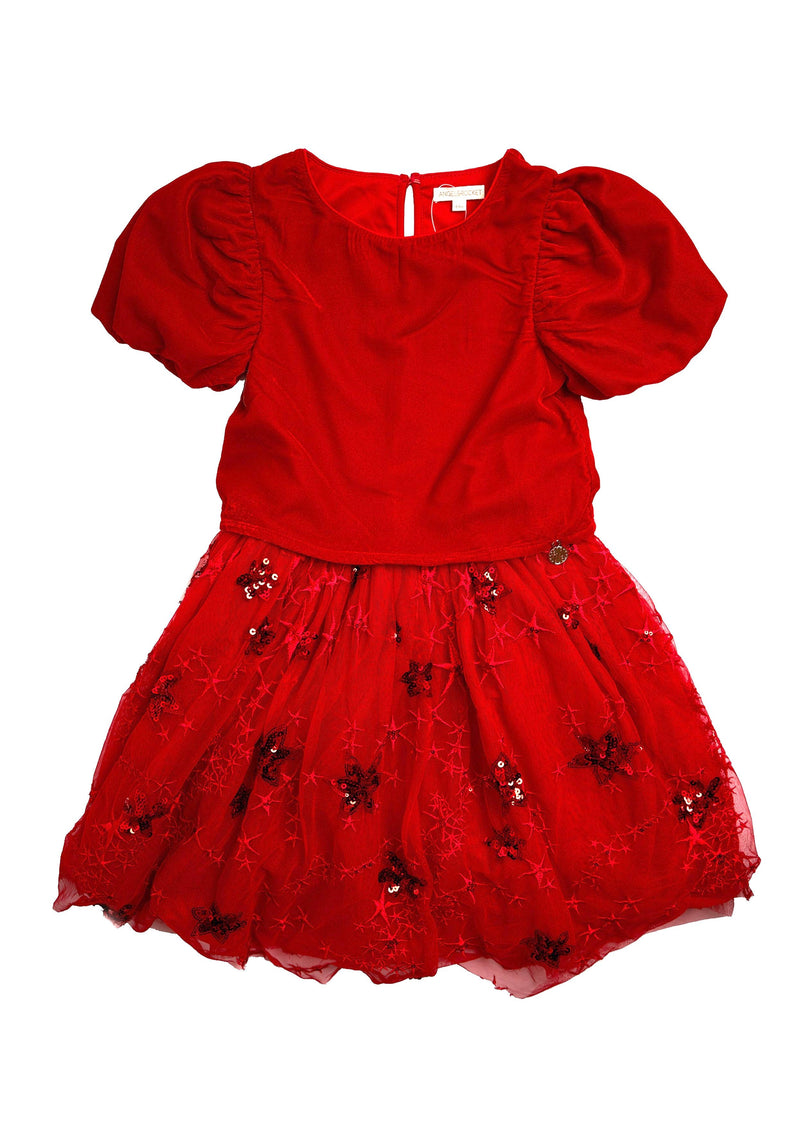 Girls Sequins Embellished Red Velvet Dress with Puff Sleeve