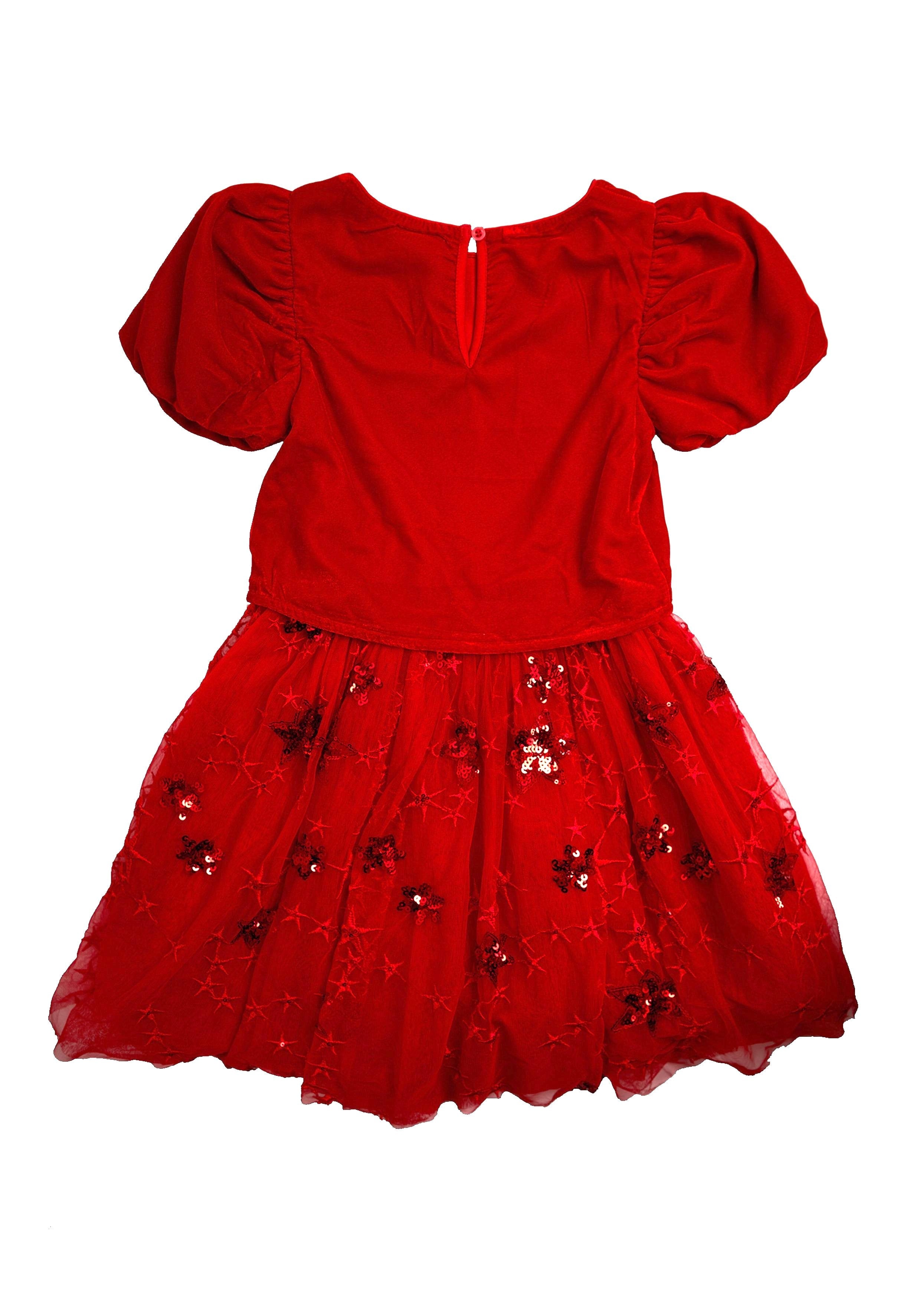 Girls Sequin Embellished Red Velvet Dress with Puff Sleeves