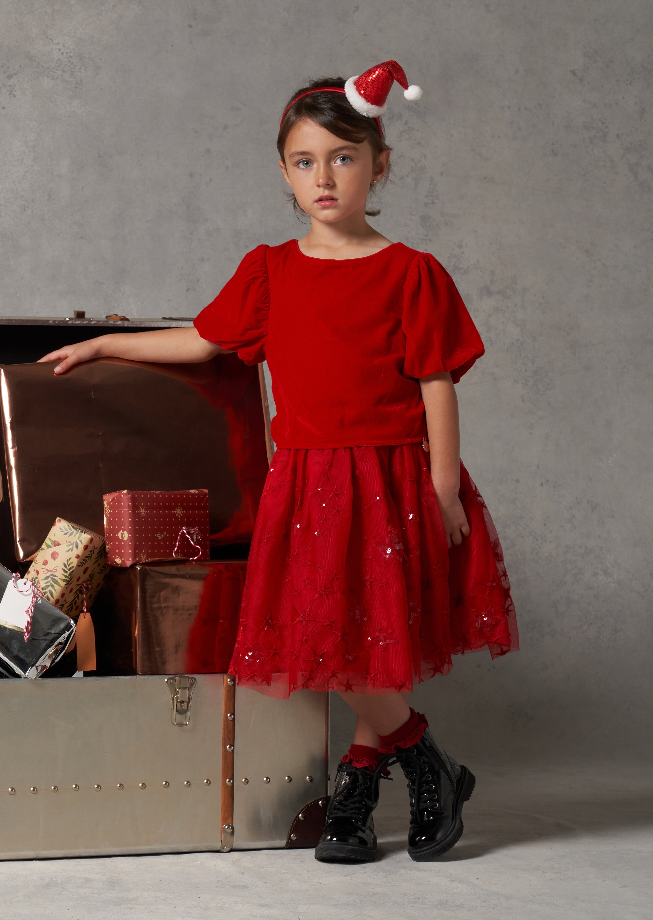 Girls Sequin Embellished Red Velvet Dress with Puff Sleeves