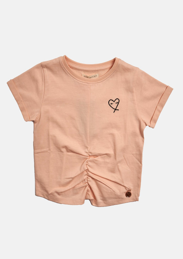 Girls Cotton Gathered Front Design Pink T-Shirt