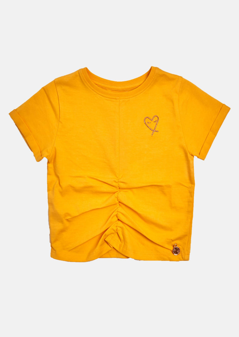 Girls Cotton Gathered Front Design Yellow T-Shirt