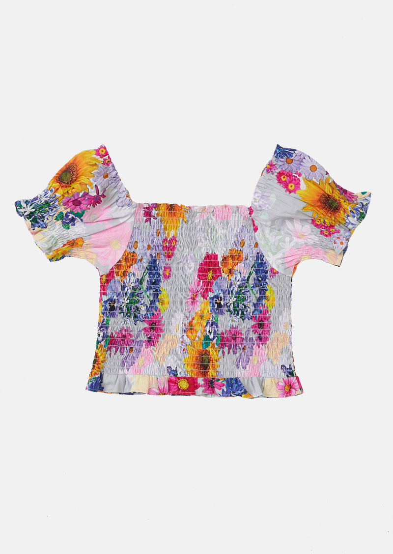 Girls Floral Printed Cotton Shirred Top