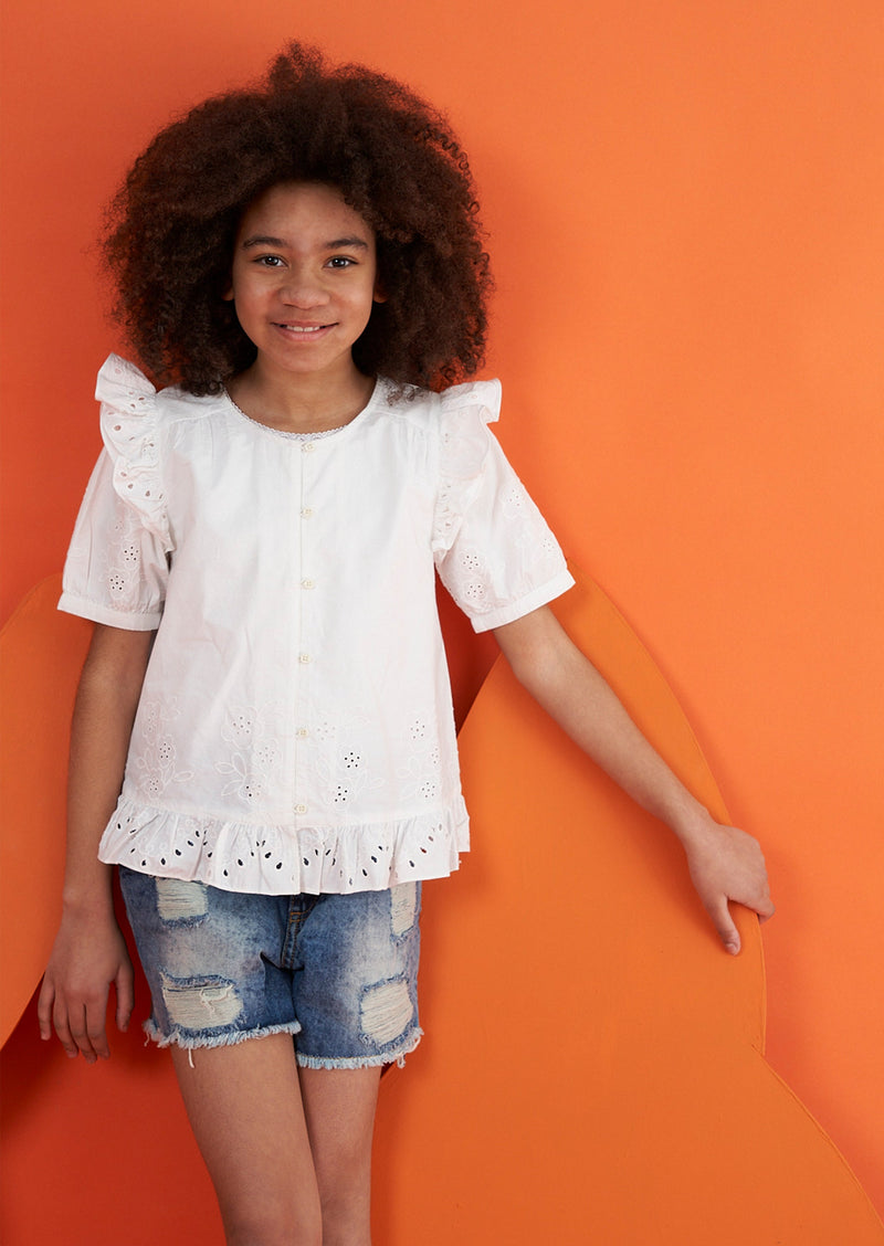 Girls Floral Embroidered White Top