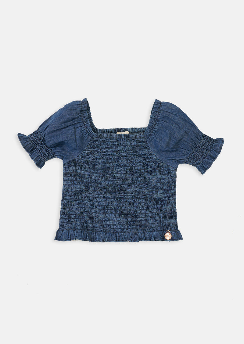 Girls Blue Cotton Top with Puff Sleeves