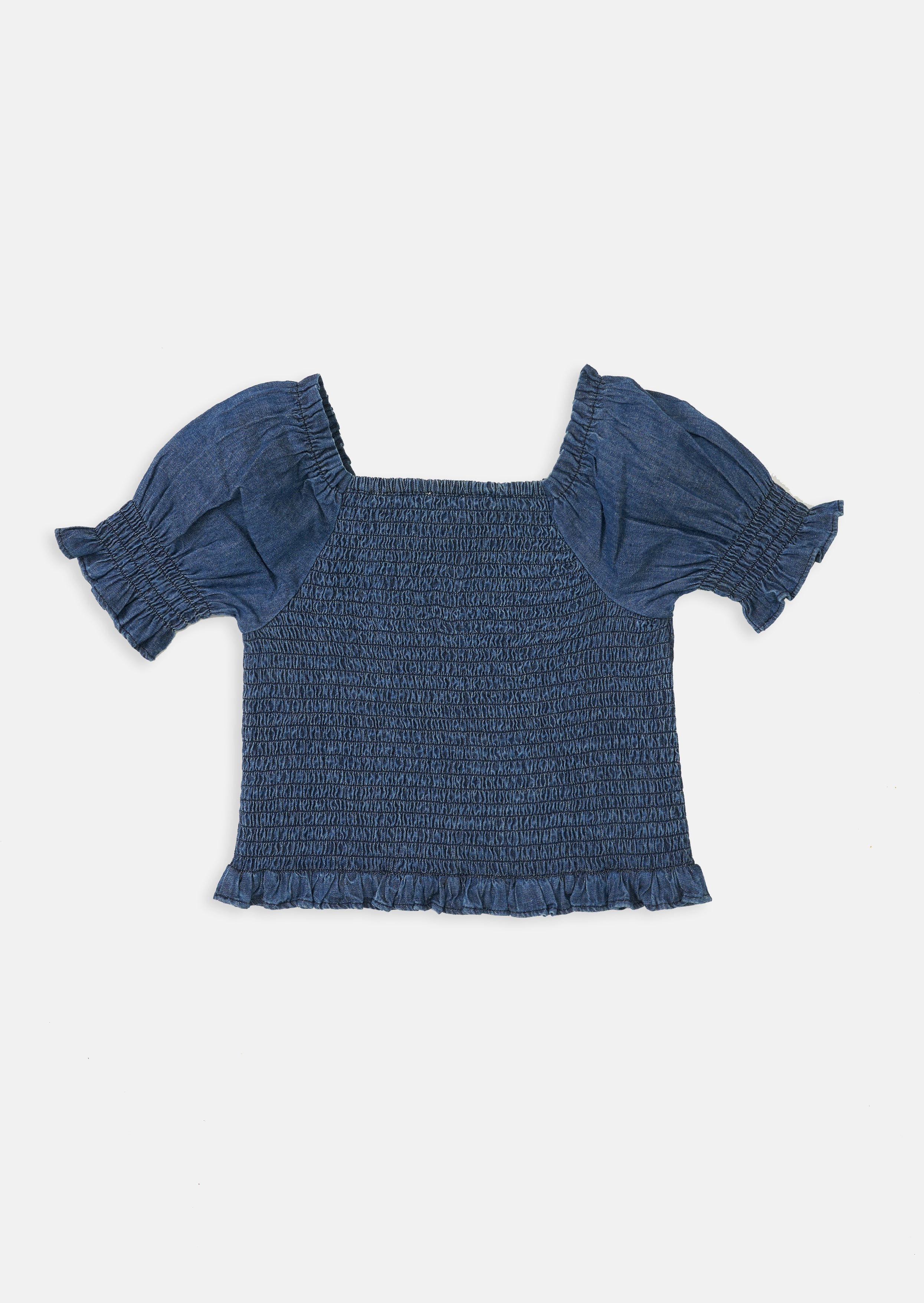 Girls Blue Cotton Top with Puff Sleeves