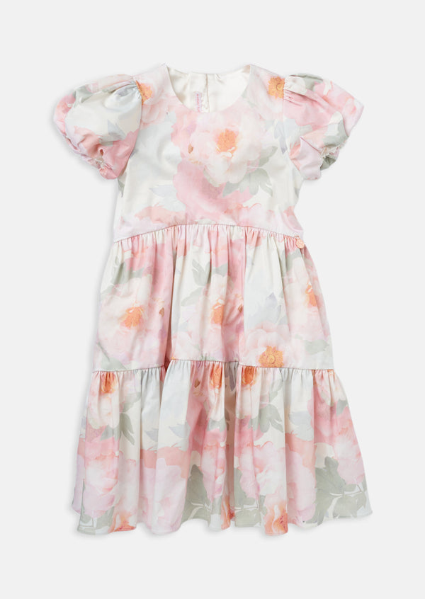 Girls Floral Printed Woven Pink Dress with Puff Sleeves