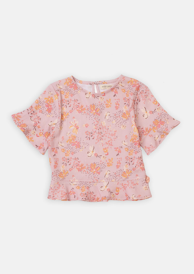 Girls Floral Printed Woven Pink Top with Frill Sleeves