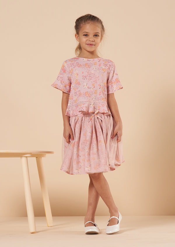 Girls Floral Printed Woven Pink Top with Frill Sleeves
