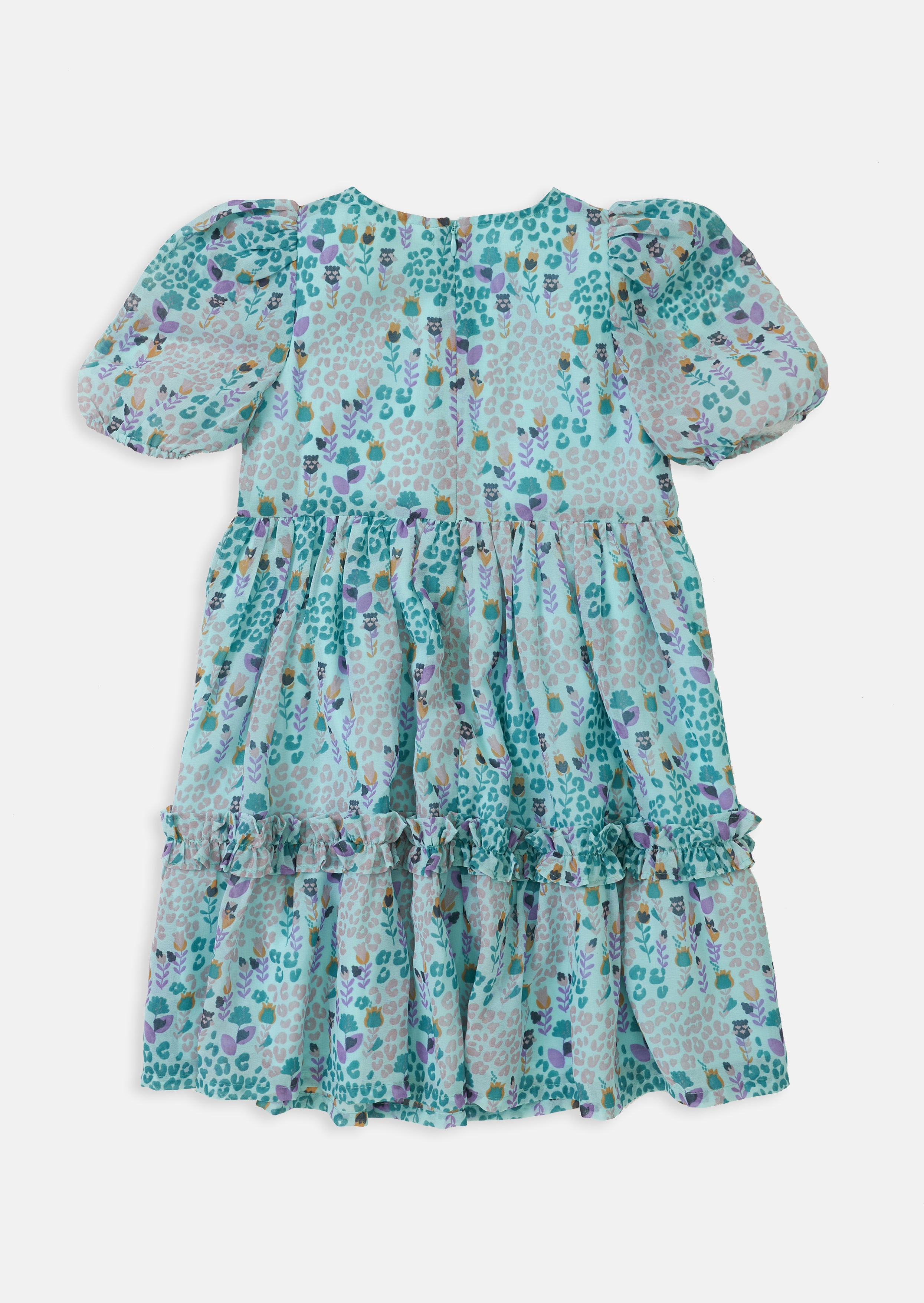 Girls Floral Printed Woven Blue Dress with Puff Sleeves